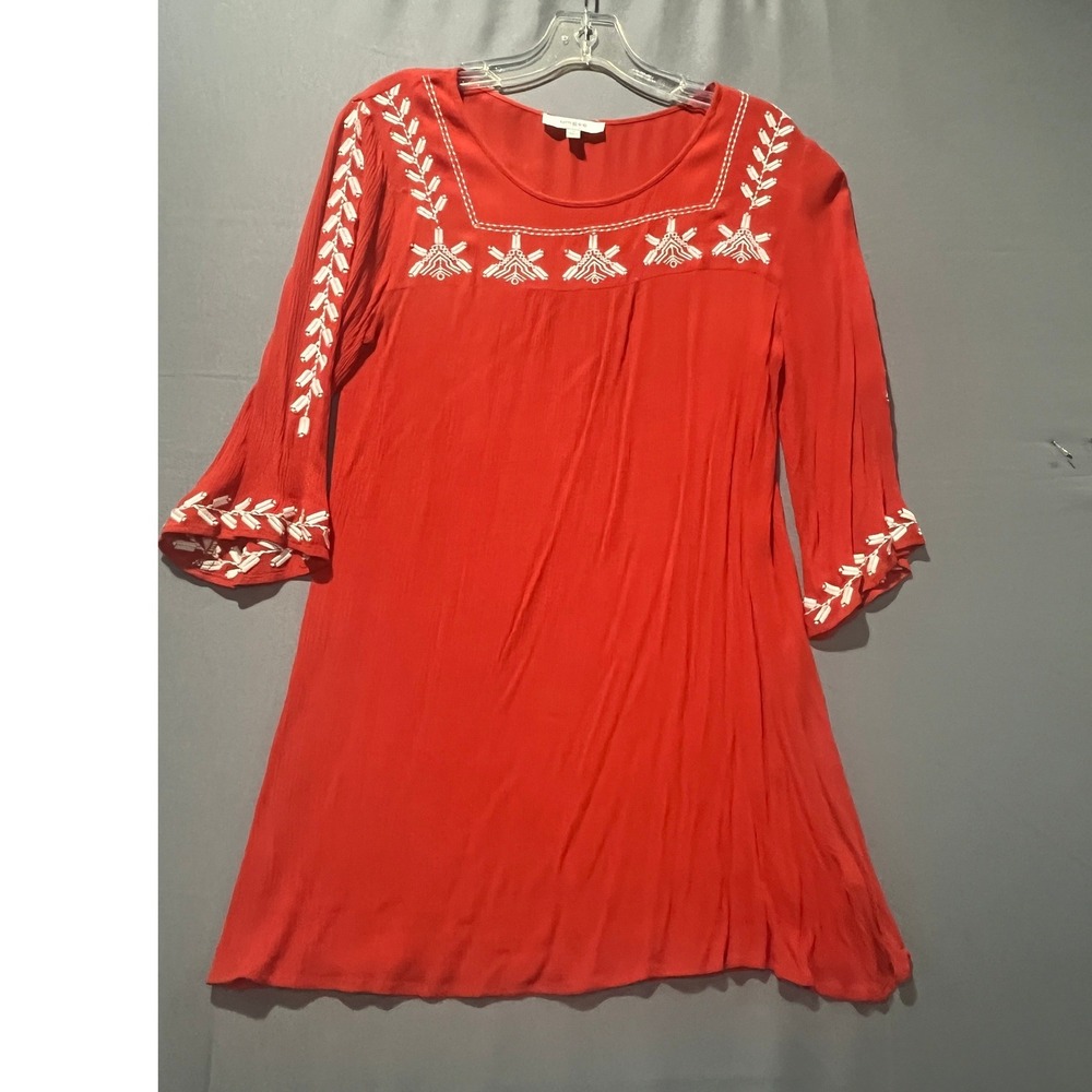 Umgee Red Embroidered Boho Mini Dress 3/4 Bell Sleeve Crinkle Gauze Small C7306